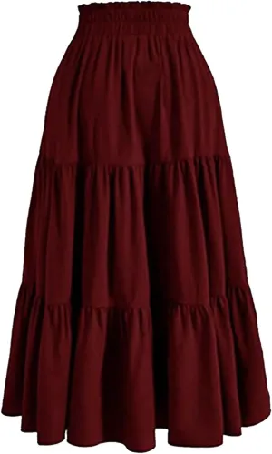 Women's Boho Maxi Skirt Summer Flowy Skirts A Line Pleated Skirts Ruffle Tiered Dresses Drawstring High Waist Dresses
