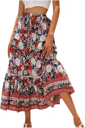 Womens Boho Maxi Skirts Vintage Elastic High Waist Floral Pleated A-Line Long Skirts Beach Vacation Clothes