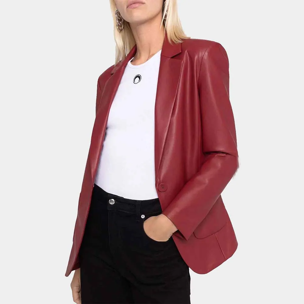 Women's Red Slim Fit Leather Blazer