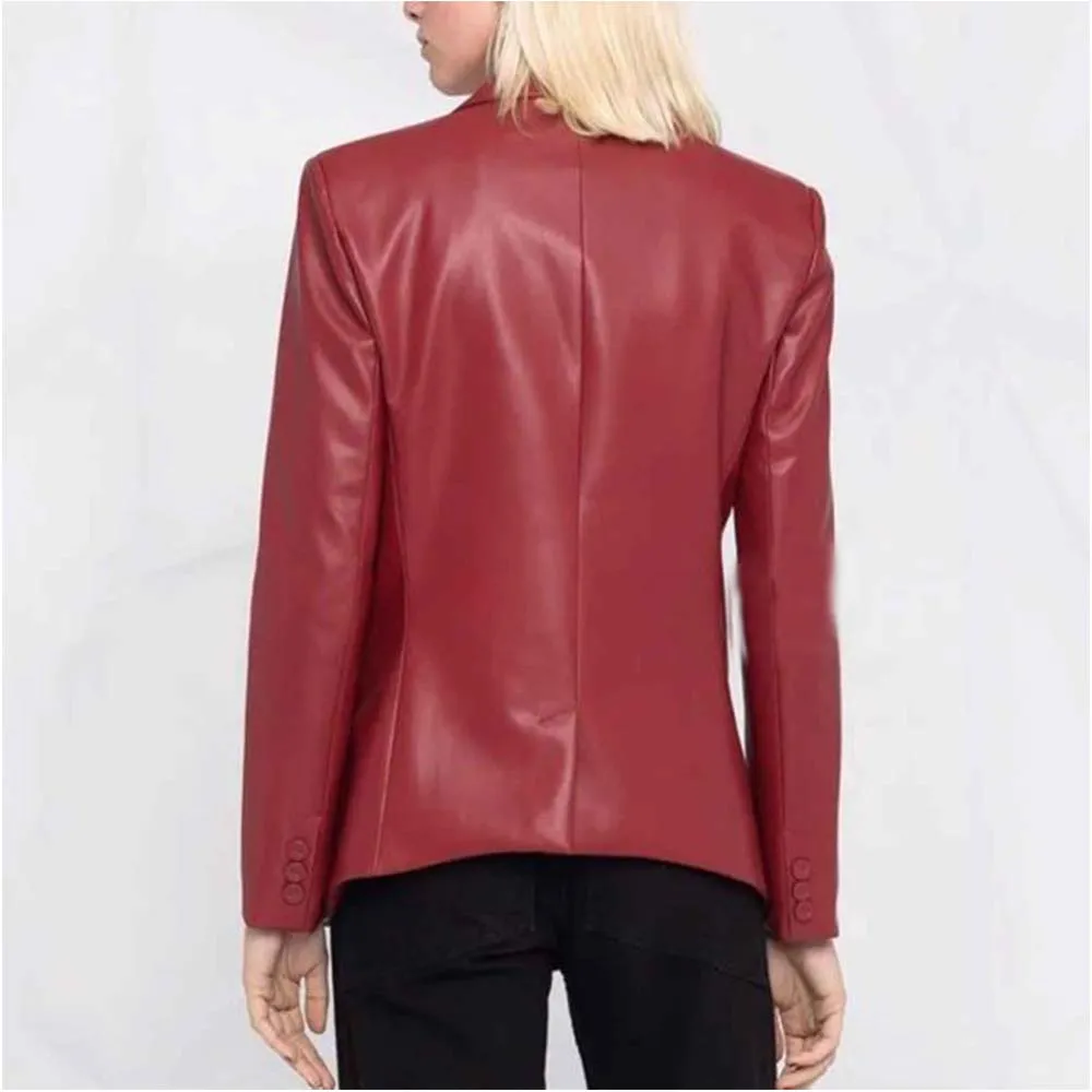Women's Red Slim Fit Leather Blazer